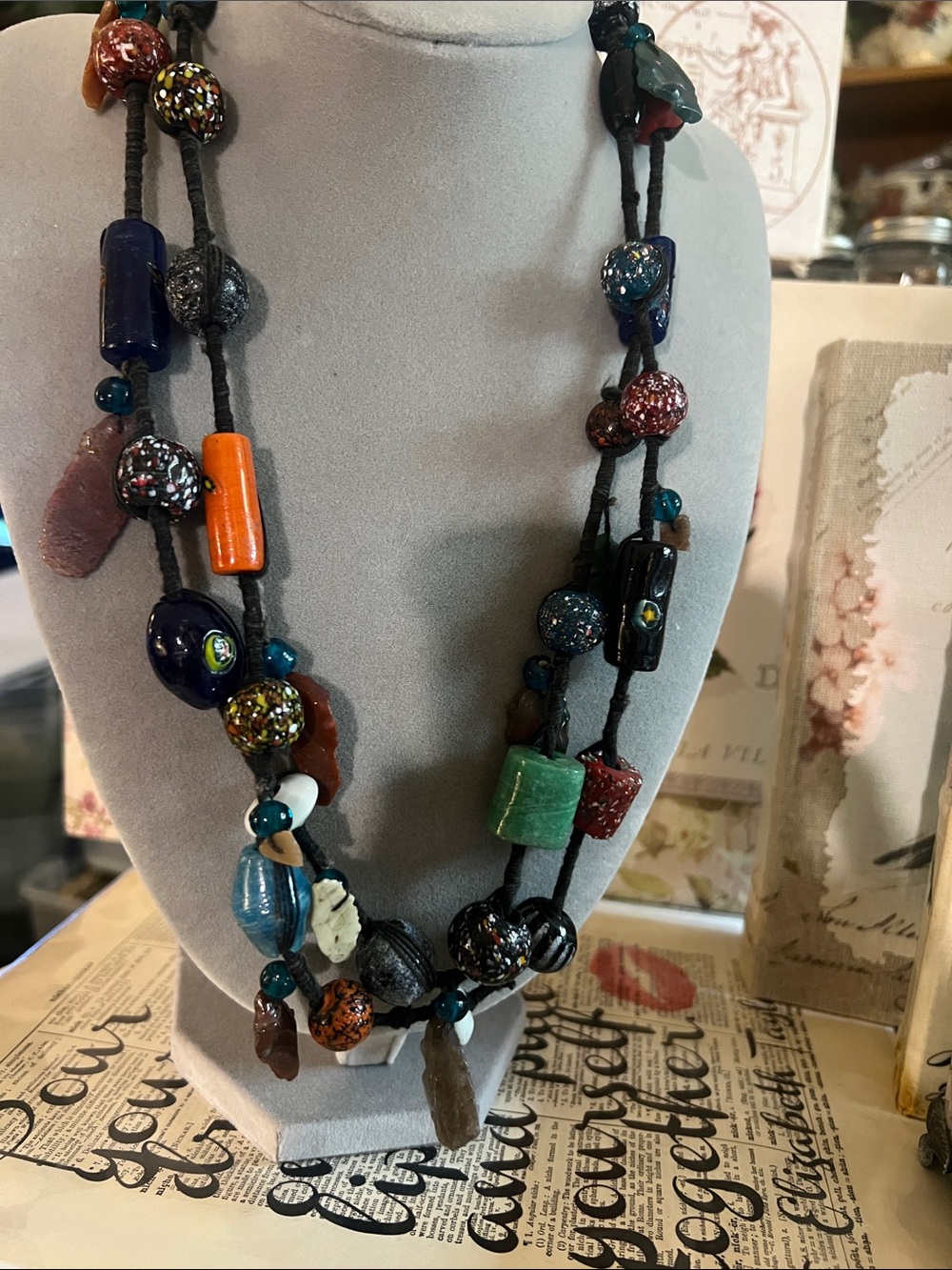 Murano style vintage glass bead and stone necklace